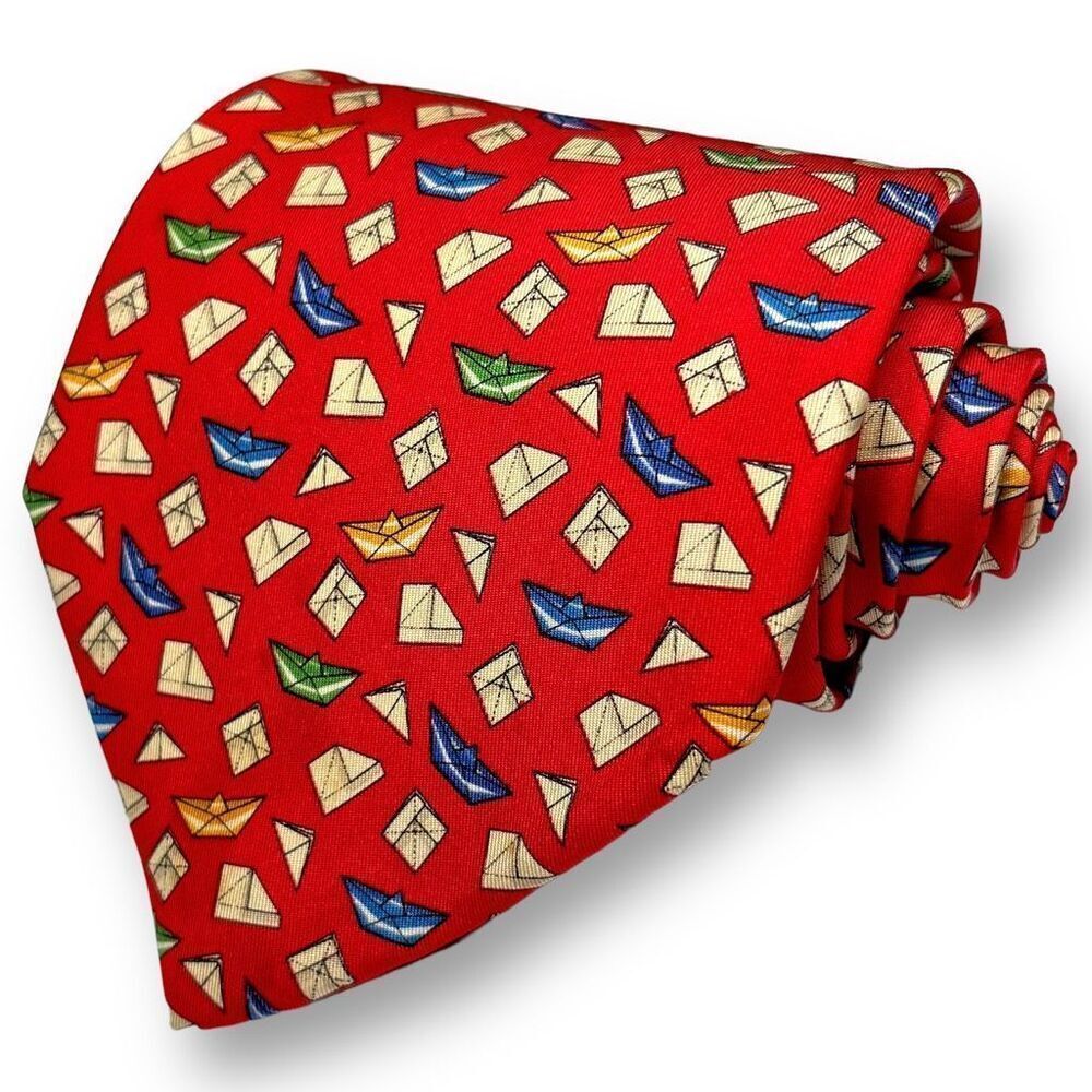 SALVATORE FERRAGAMO Men’s Red Vintage Designer Origami Boat Motif 100% Silk Tie
